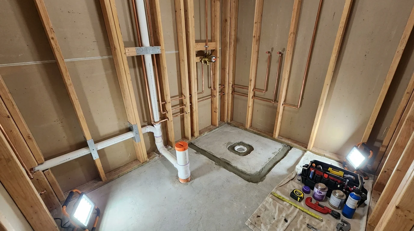 Bathroom rough-in plumbing during remodel by Johns Plumbing LLC in Fountain Inn