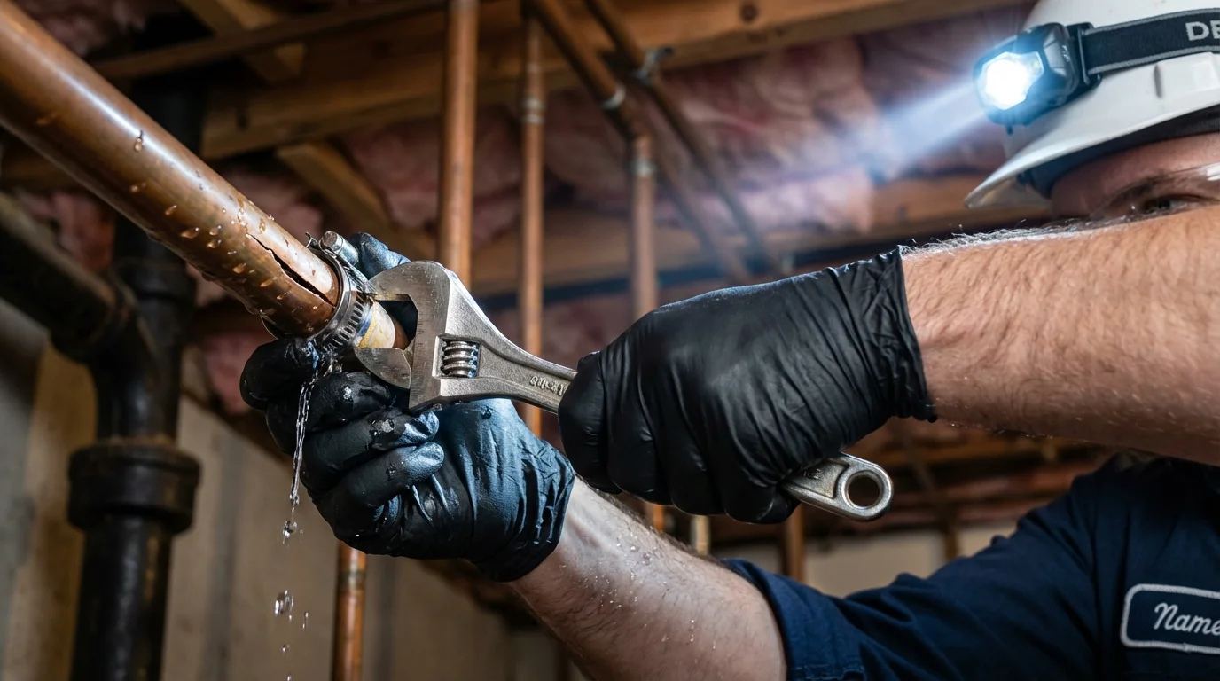 Emergency pipe clamp repair being performed by a Johns Plumbing LLC plumber in Fountain Inn