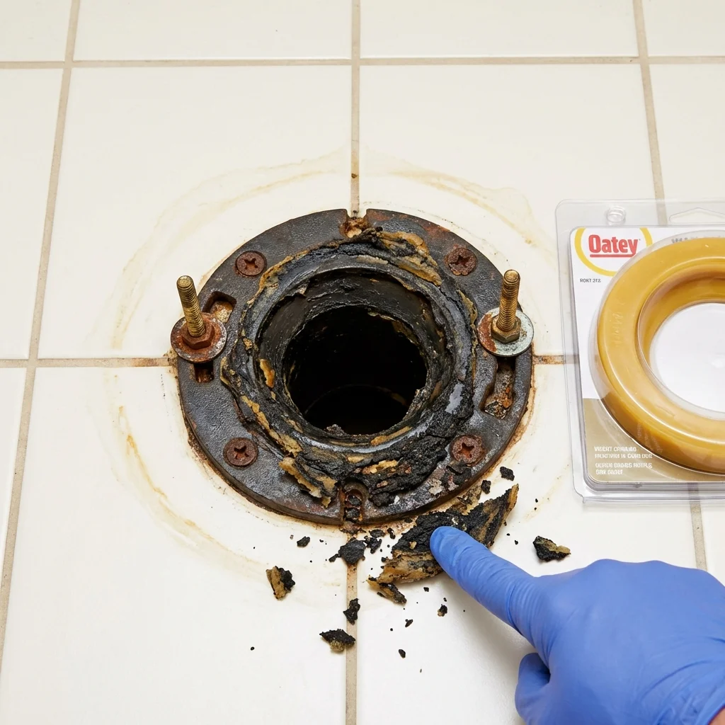 Failed wax ring showing water seepage at the base of a toilet in a Fountain Inn, SC home