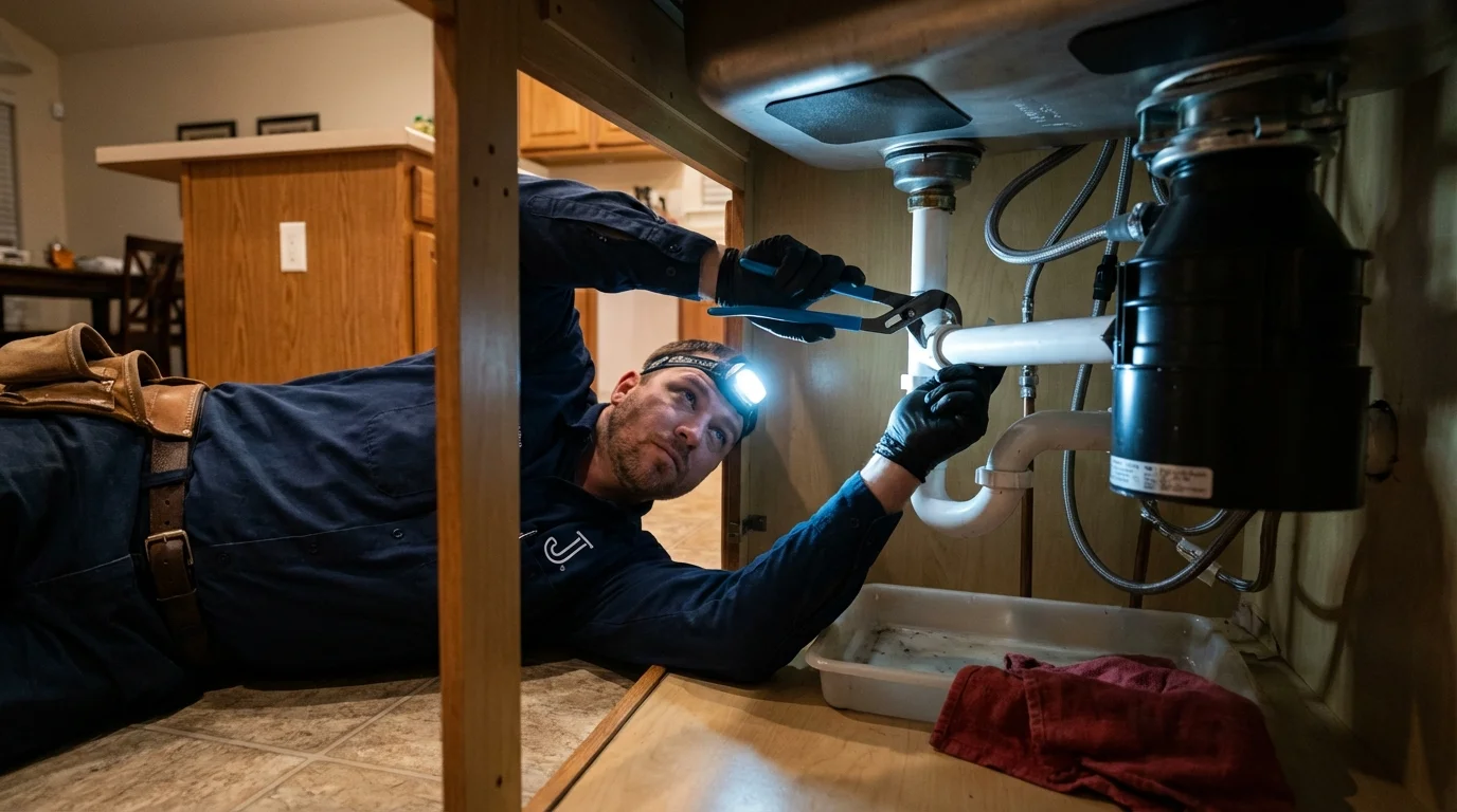P-trap and supply line connections under a kitchen sink showing a common leak point in Fountain Inn, SC